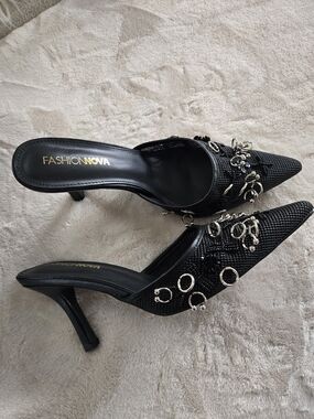 Fashion Nova Black Embellished Pointed Toe Mule Heels